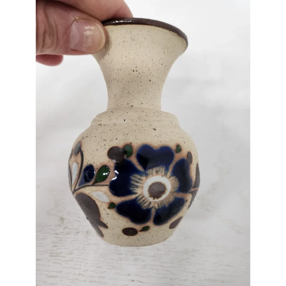 Vintage Tonala Pottery Hand Painted Floral Sandstone Bud Vase Mexican Folk Art